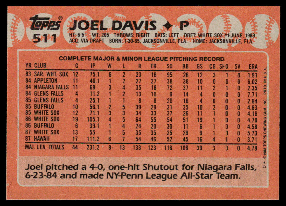 Joel Davis 1988 Topps #511 Chicago White Sox