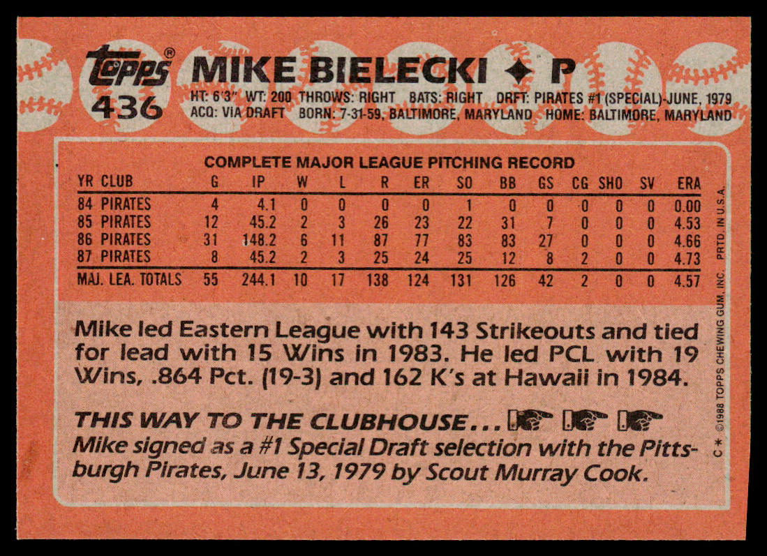 Mike Bielecki 1988 Topps #436 Pittsburgh Pirates