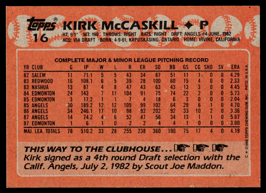 Kirk McCaskill 1988 Topps #16 California Angels