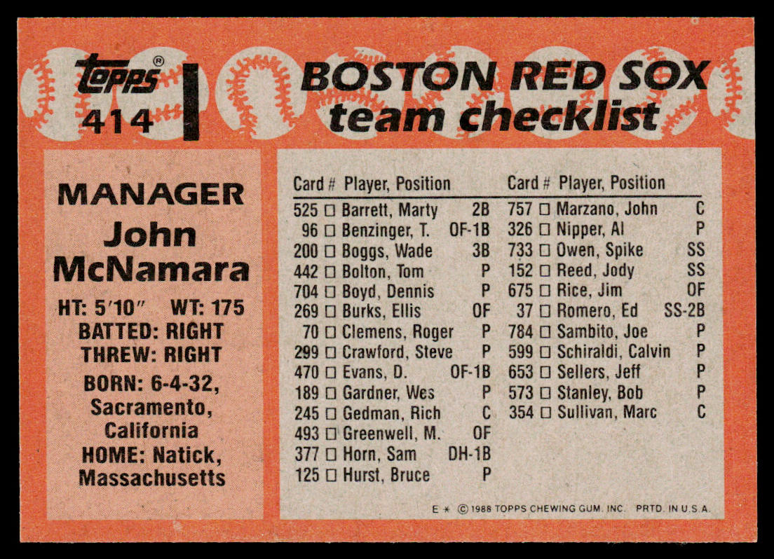 John McNamara 1988 Topps #414 Boston Red Sox