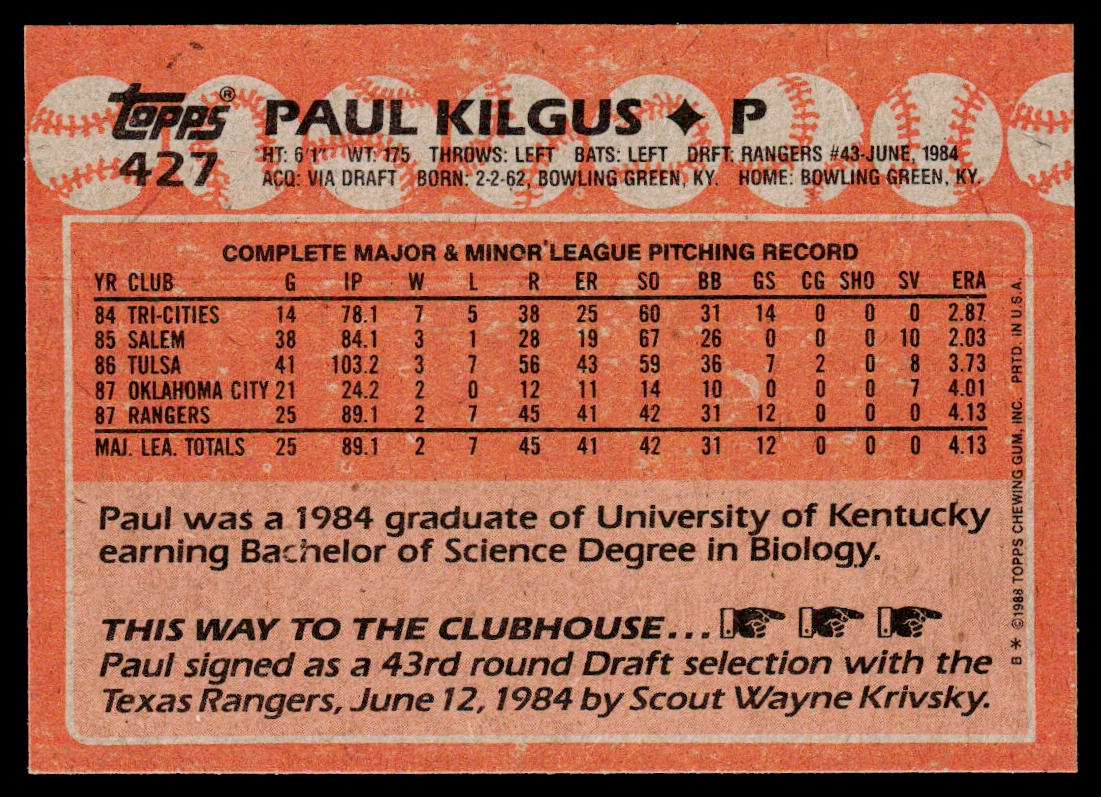 Paul Kilgus 1988 Topps #427 RC Texas Rangers