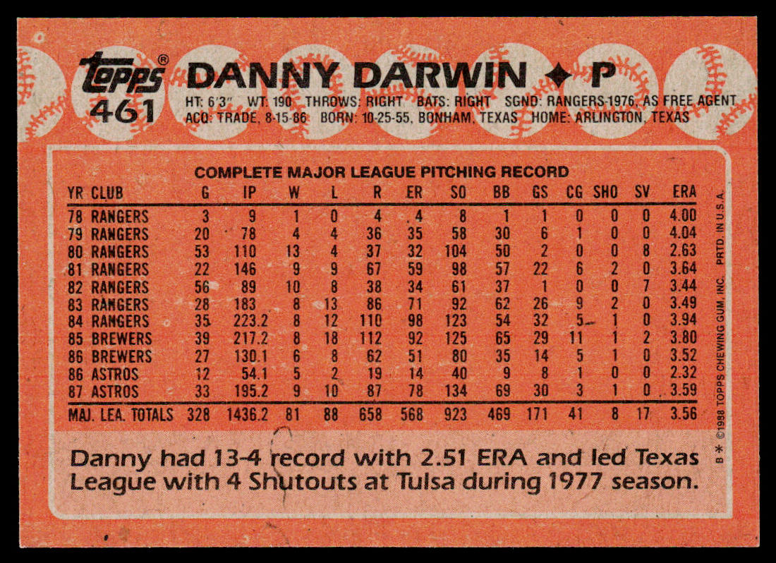 Danny Darwin 1988 Topps #461 Houston Astros