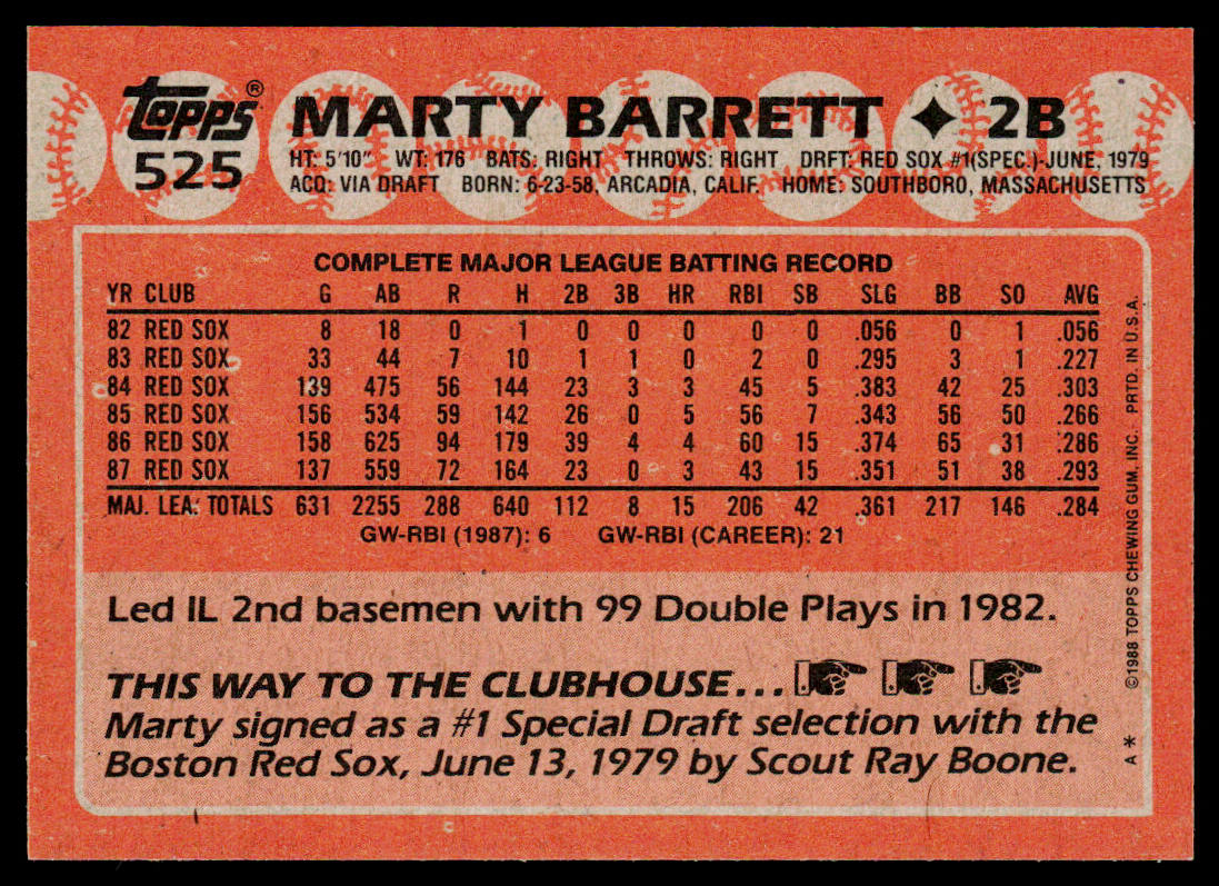 Marty Barrett 1988 Topps #525 Boston Red Sox