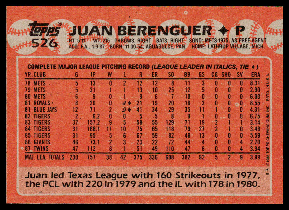 Juan Berenguer 1988 Topps #526 Minnesota Twins