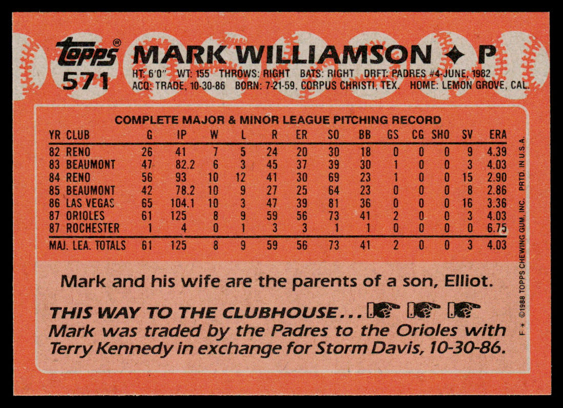 Mark Williamson 1988 Topps #571 RC Baltimore Orioles