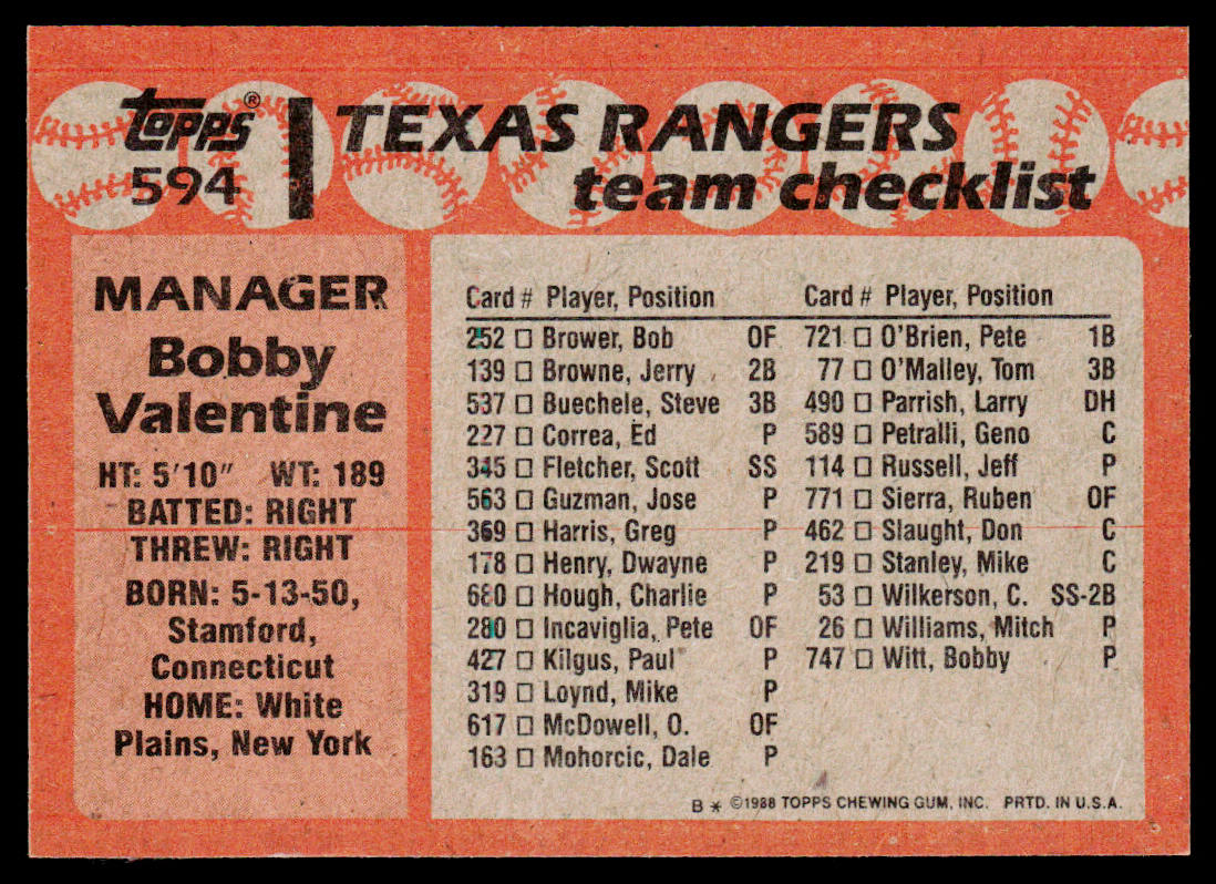 Bobby Valentine 1988 Topps #594 Texas Rangers