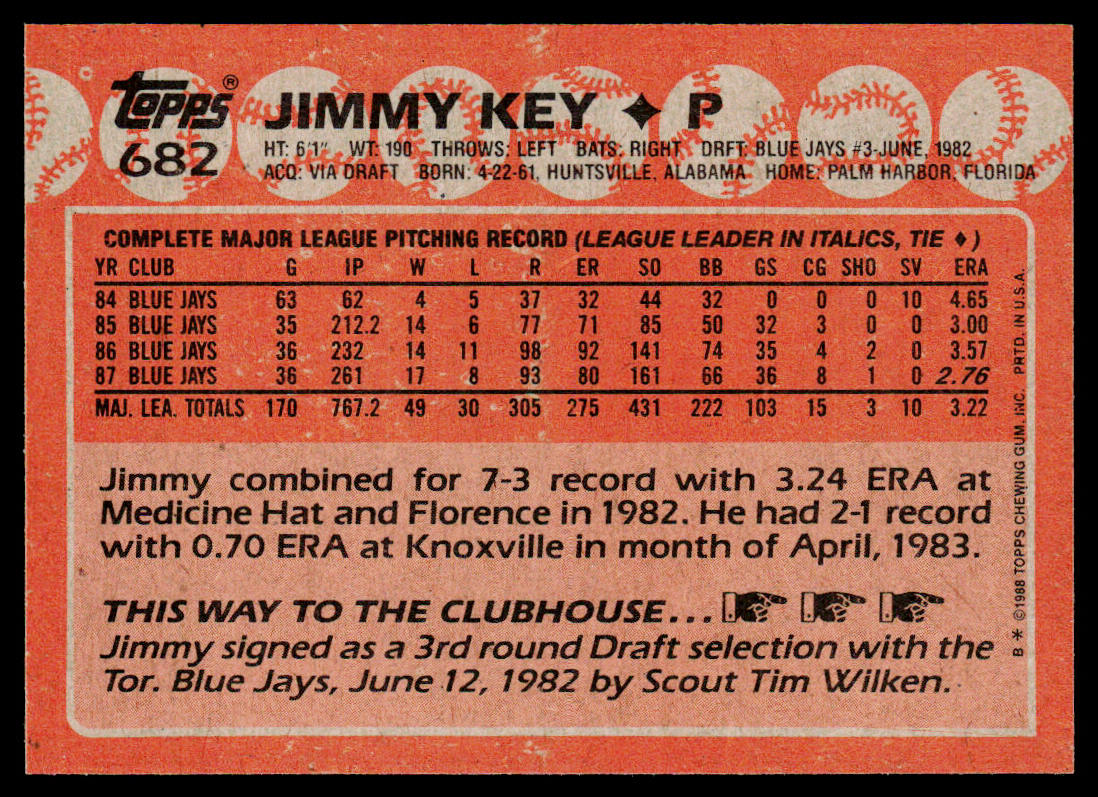 Jimmy Key 1988 Topps #682 Toronto Blue Jays