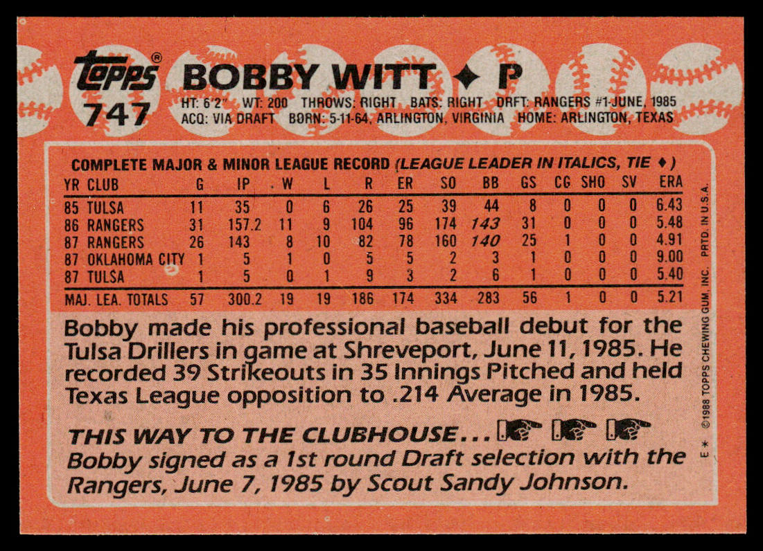 Bobby Witt 1988 Topps #747 Texas Rangers