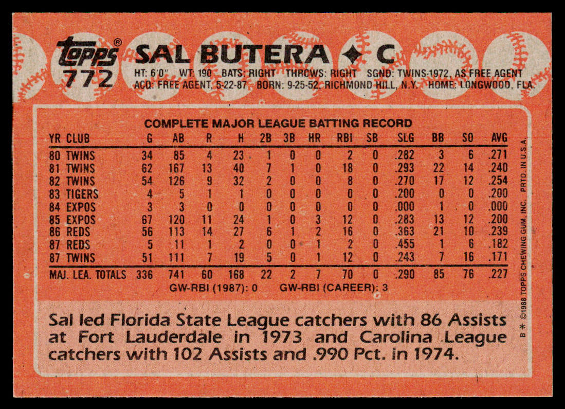 Sal Butera 1988 Topps #772 Minnesota Twins