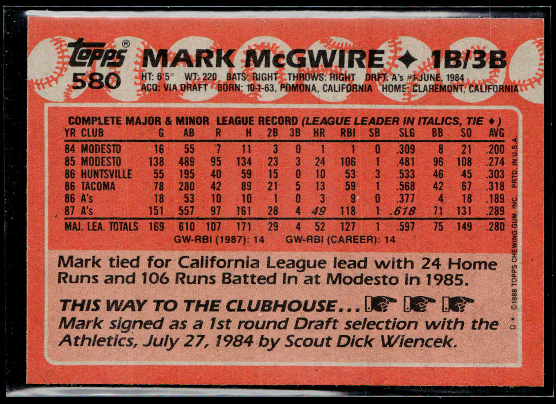 Mark McGwire 1988 Topps #580 Oakland Athletics