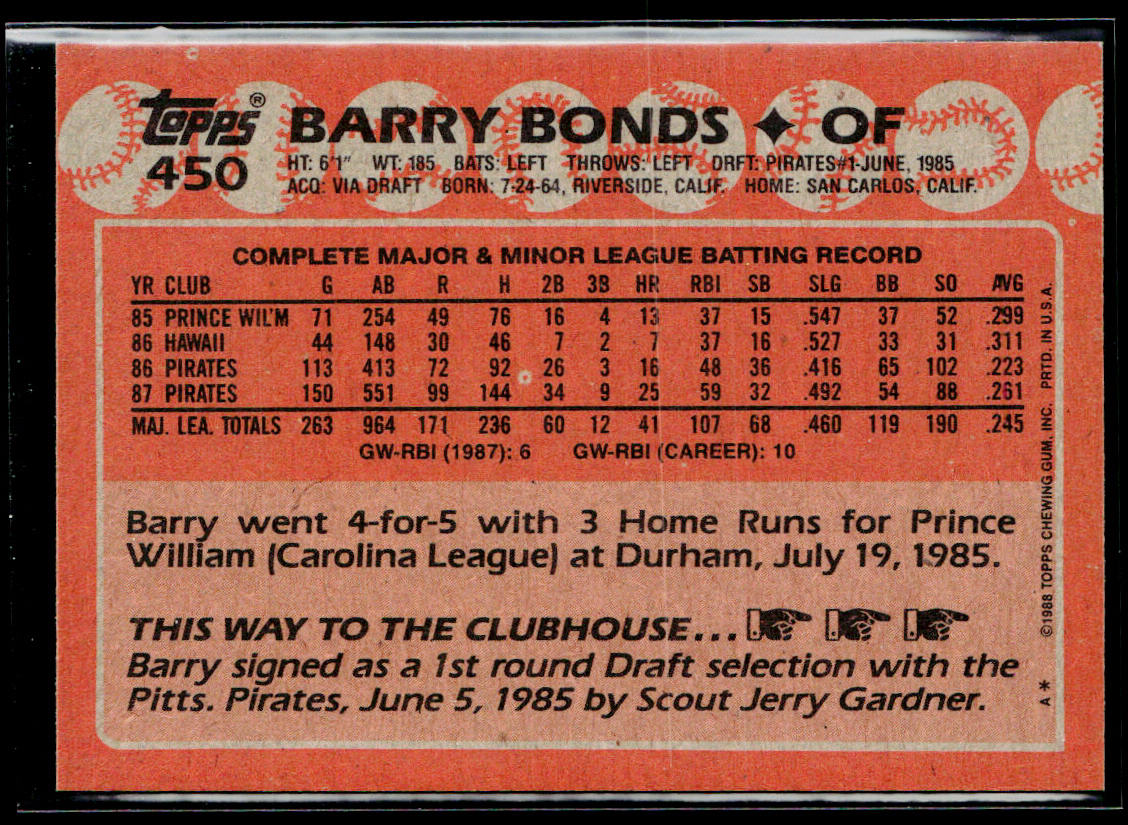 Barry Bonds 1988 Topps #450 Pittsburgh Pirates