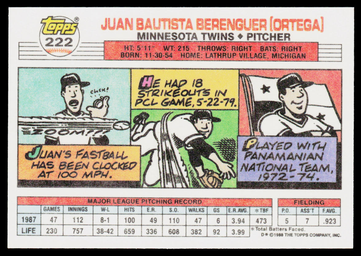 Juan Berenguer 1988 Topps Big #222a Minnesota Twins