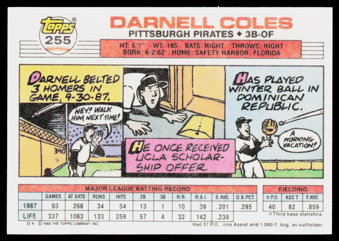 Darnell Coles 1988 Topps Big #255c Pittsburgh Pirates