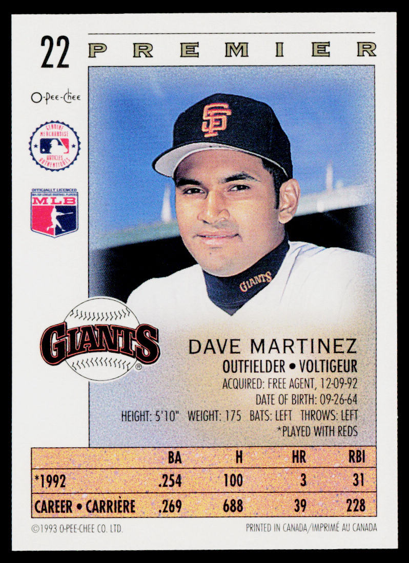 Dave Martinez 1993 O-Pee-Chee Premier #22 San Francisco Giants
