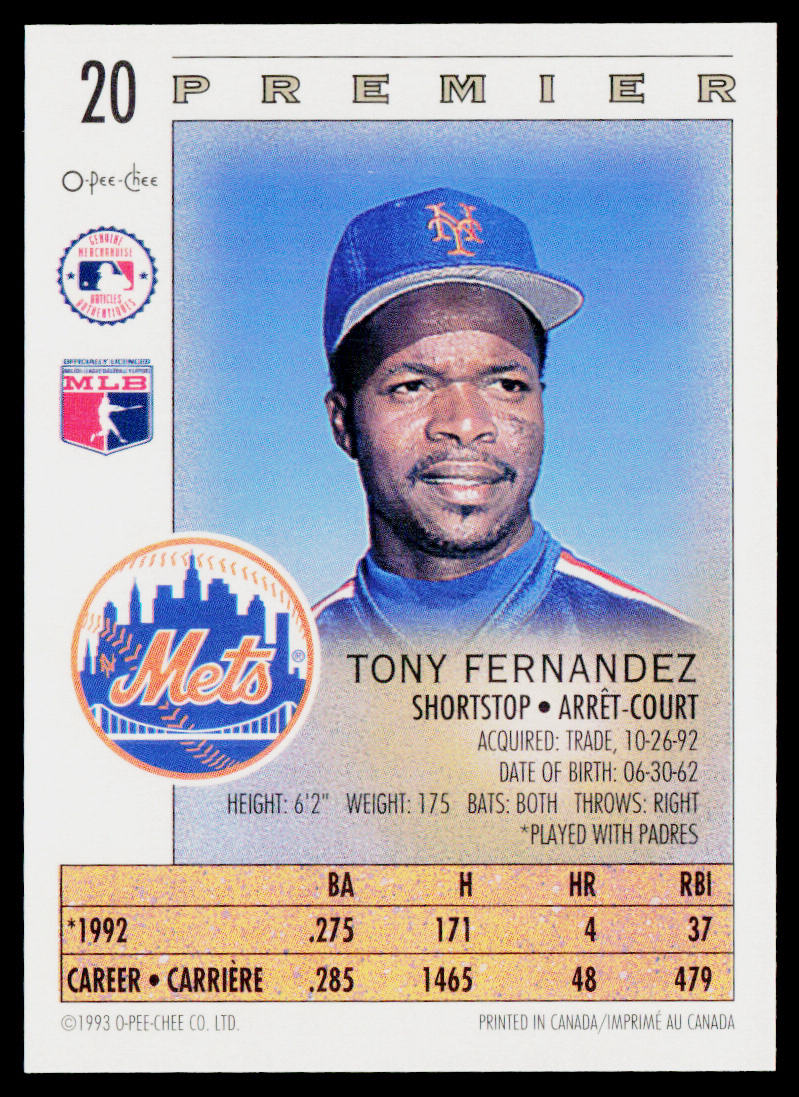 Tony Fernandez 1993 O-Pee-Chee Premier #20 New York Mets