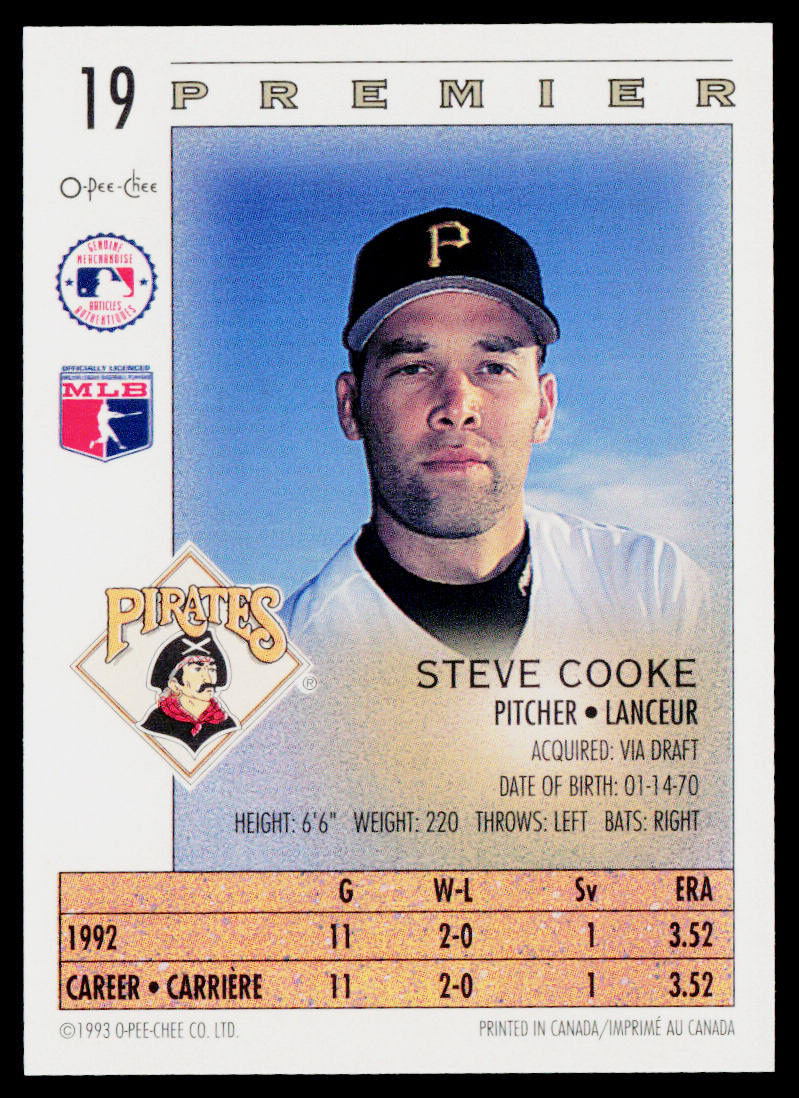 Steve Cooke 1993 O-Pee-Chee Premier #19 Pittsburgh Pirates