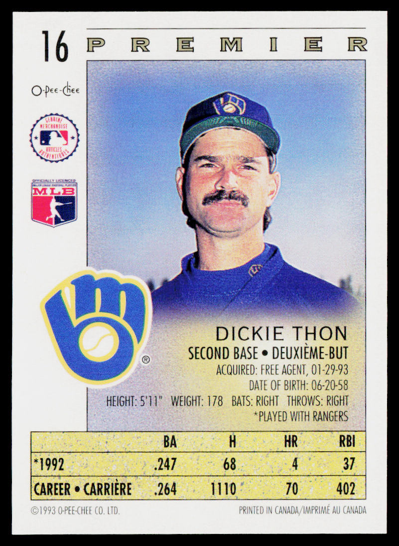 Dickie Thon 1993 O-Pee-Chee Premier #16 Milwaukee Brewers