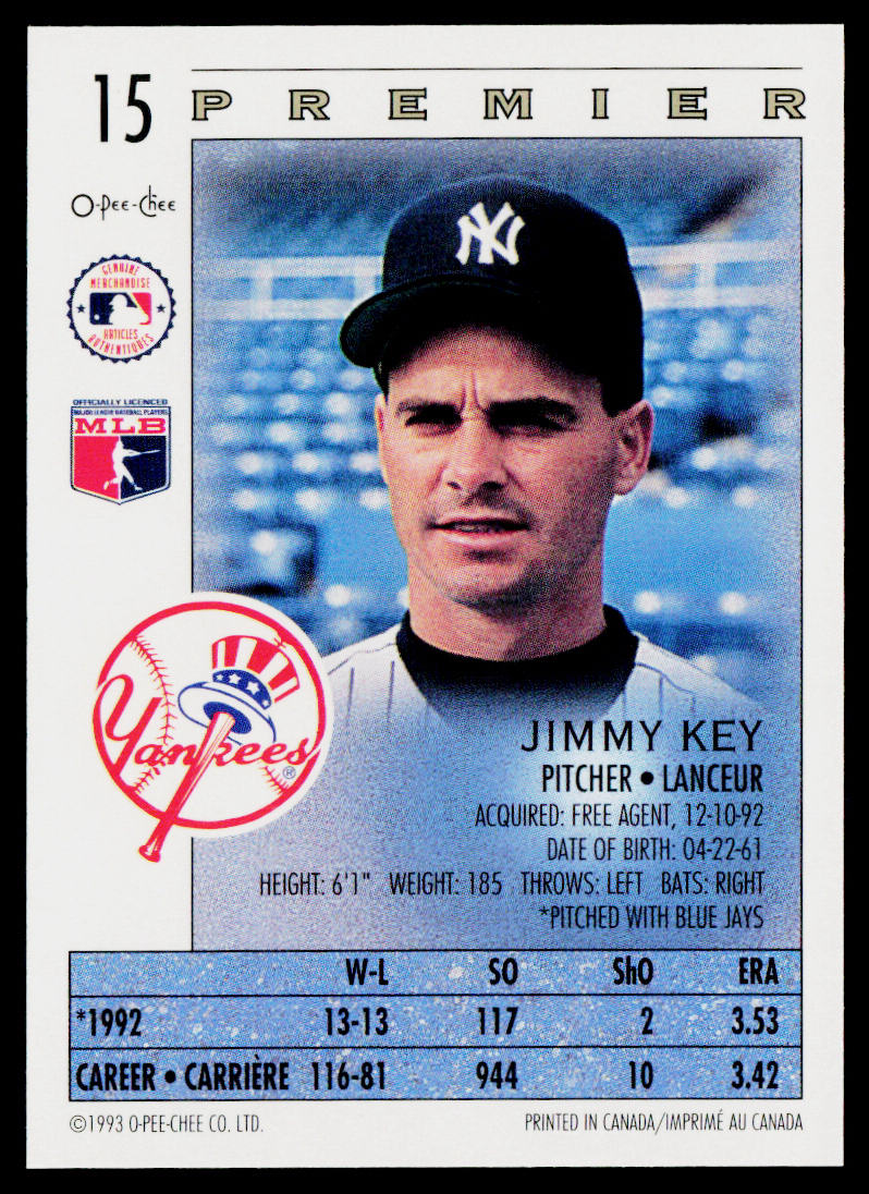 Jimmy Key 1993 O-Pee-Chee Premier #15 New York Yankees
