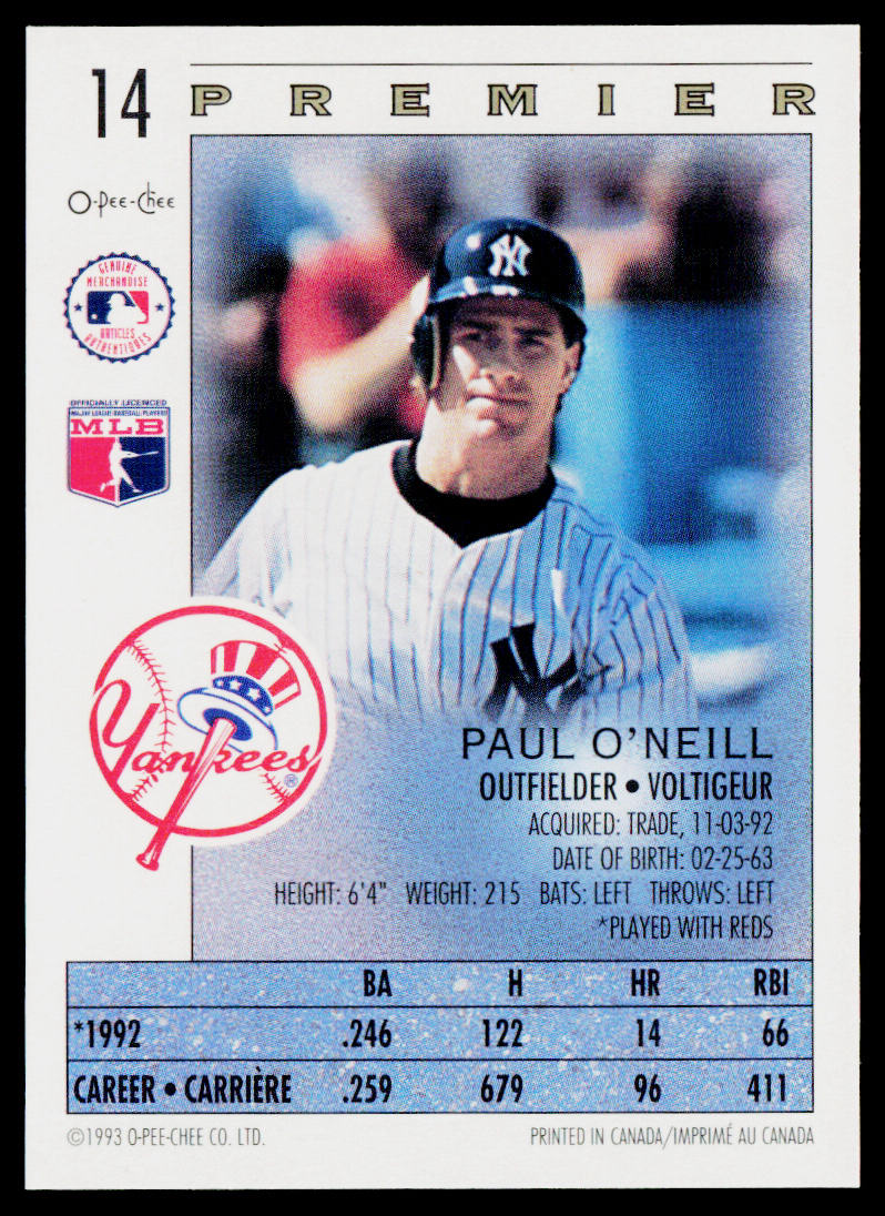 Paul O'Neill 1993 O-Pee-Chee Premier #14 New York Yankees