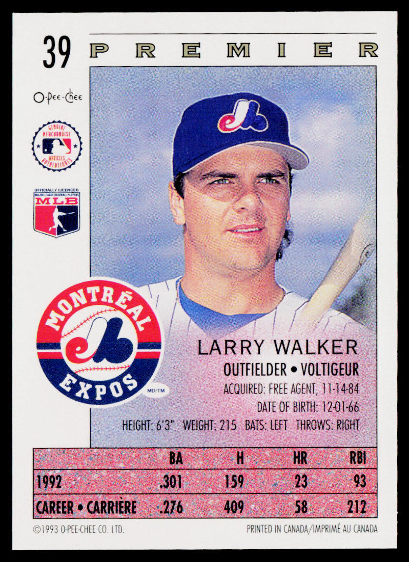 Larry Walker 1993 O-Pee-Chee Premier #39 Montreal Expos