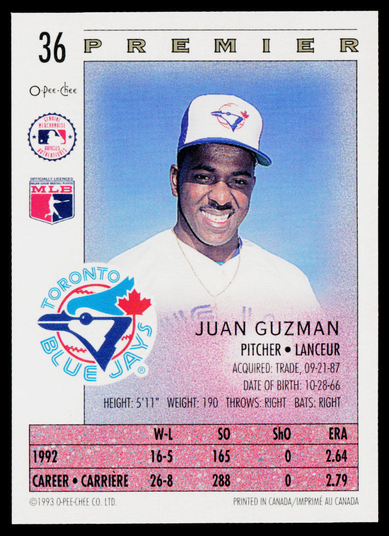 Juan Guzman 1993 O-Pee-Chee Premier #36 Toronto Blue Jays