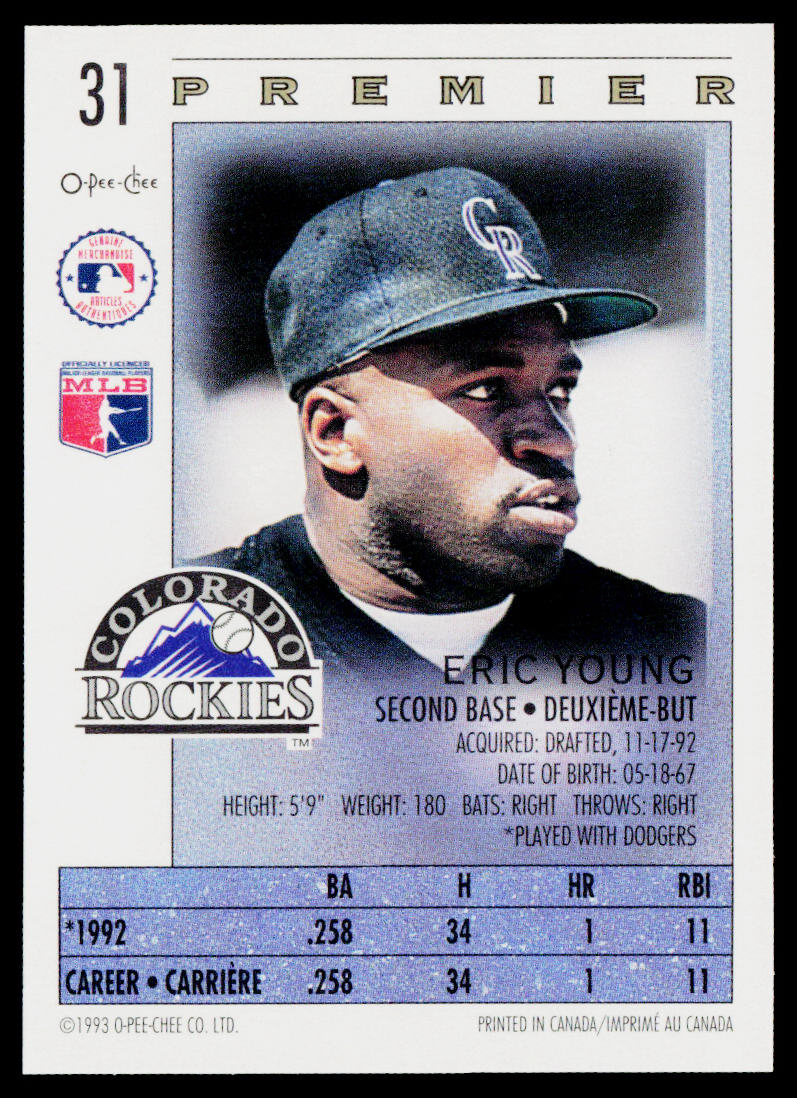 Eric Young 1993 O-Pee-Chee Premier #31 RC Colorado Rockies