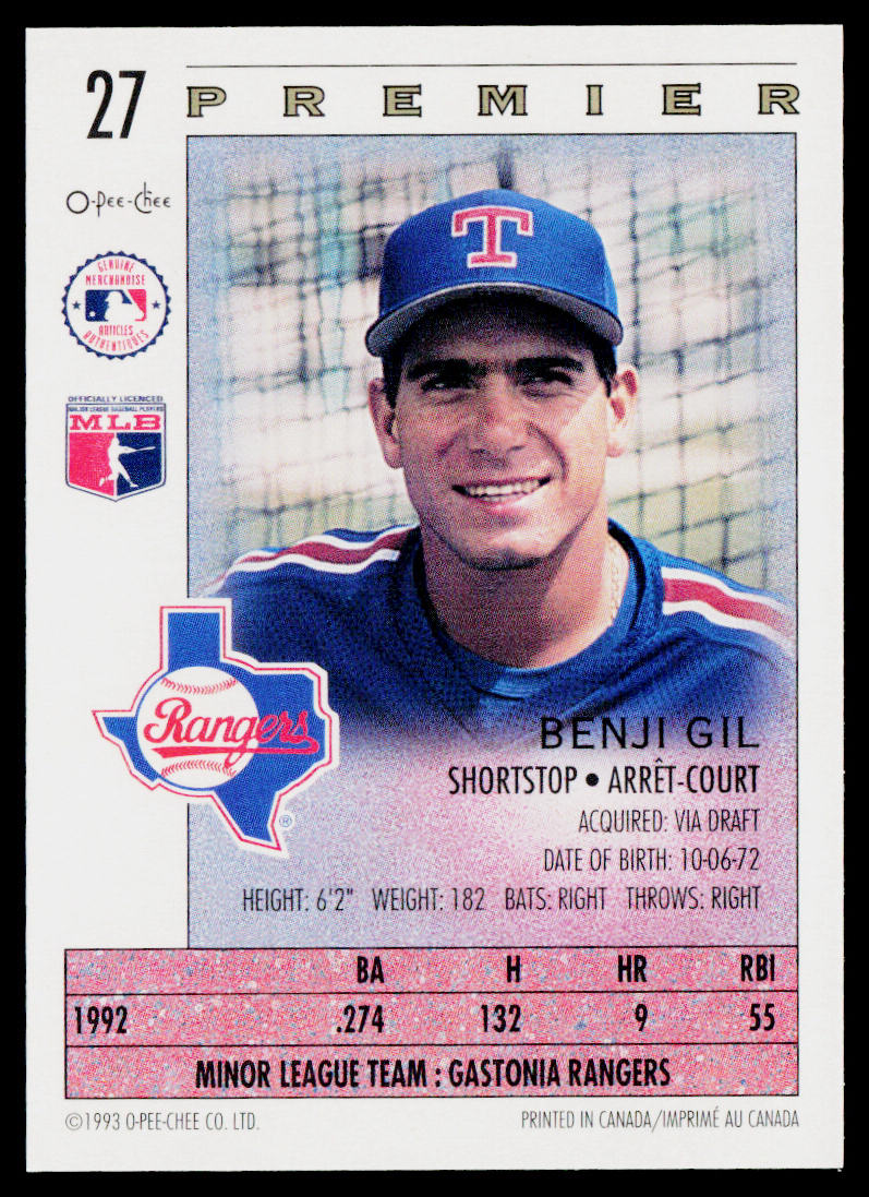 Benji Gil 1993 O-Pee-Chee Premier #27 Texas Rangers