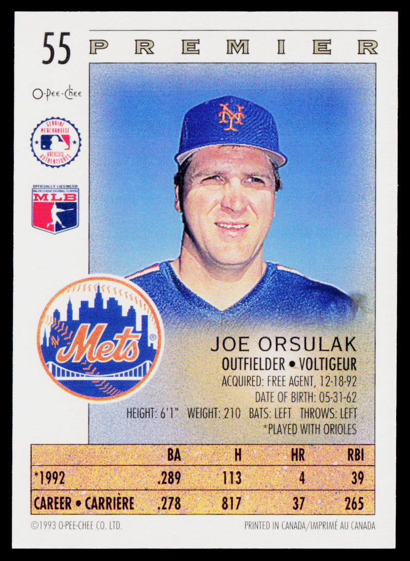 Joe Orsulak 1993 O-Pee-Chee Premier #55 New York Mets