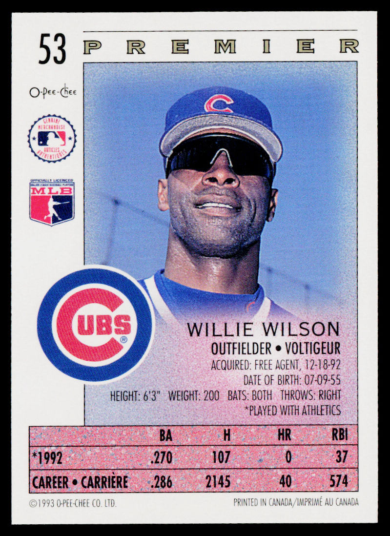 Willie Wilson 1993 O-Pee-Chee Premier #53 Chicago Cubs