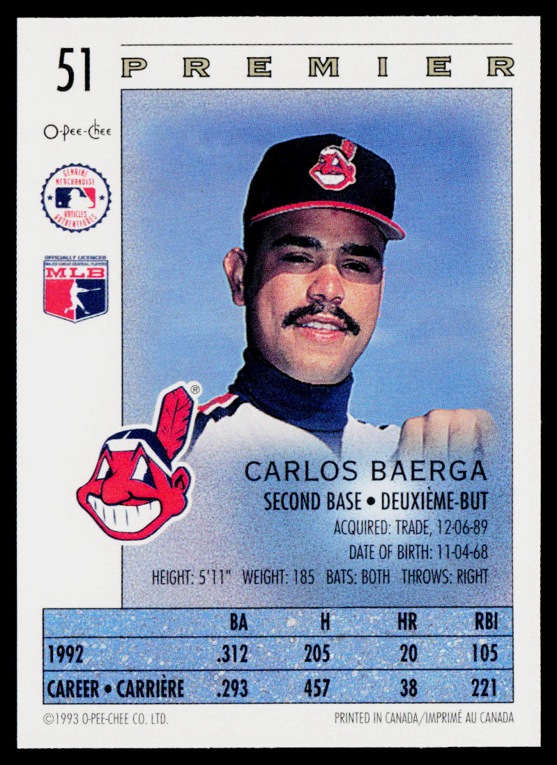 Carlos Baerga 1993 O-Pee-Chee Premier #51 Cleveland Indians