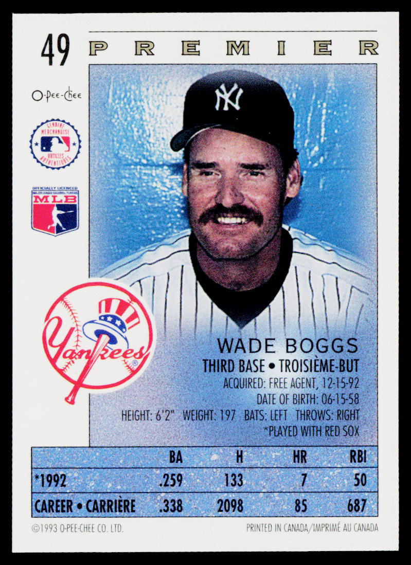 Wade Boggs 1993 O-Pee-Chee Premier #49 New York Yankees