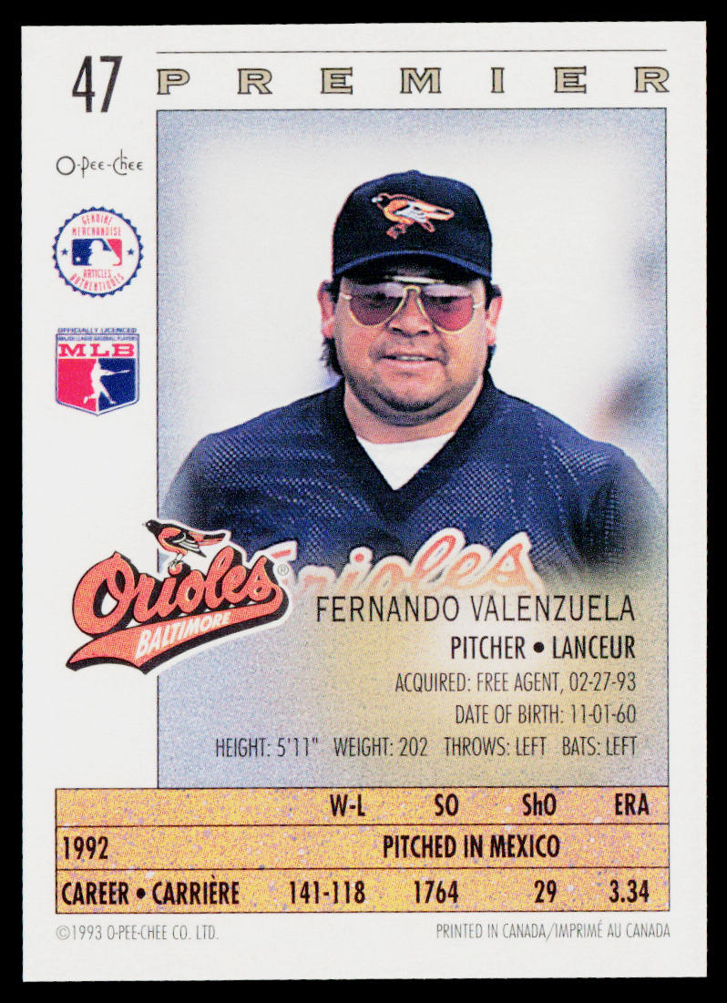 Fernando Valenzuela 1993 O-Pee-Chee Premier #47 Baltimore Orioles