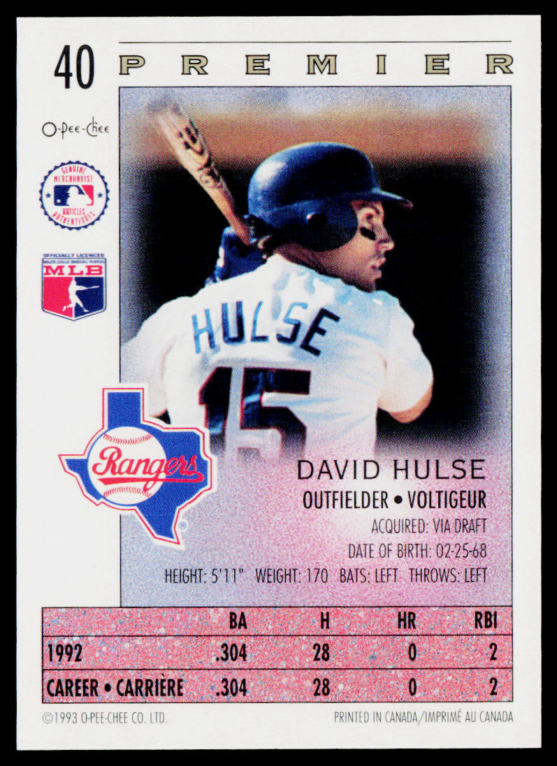 David Hulse 1993 O-Pee-Chee Premier #40 RC Texas Rangers