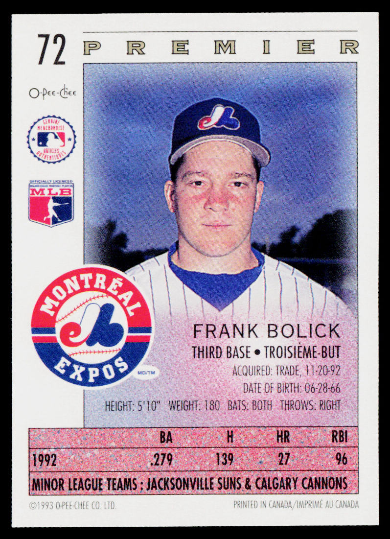 Frank Bolick 1993 O-Pee-Chee Premier #72 Montreal Expos