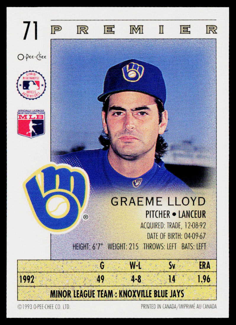 Graeme Lloyd 1993 O-Pee-Chee Premier #71 RC Milwaukee Brewers