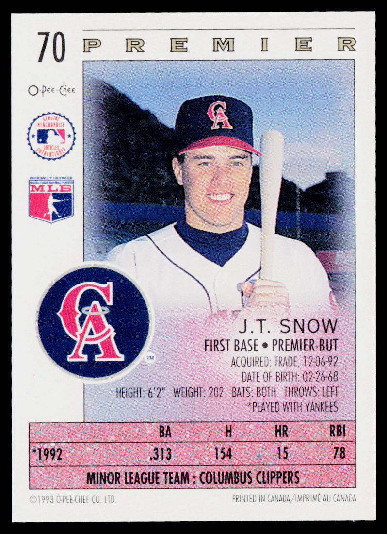 J.T. Snow 1993 O-Pee-Chee Premier #70 RC California Angels