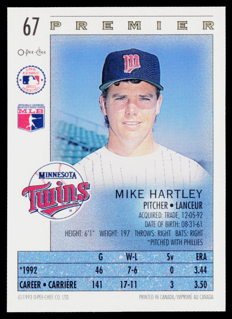 Mike Hartley 1993 O-Pee-Chee Premier #67 Minnesota Twins