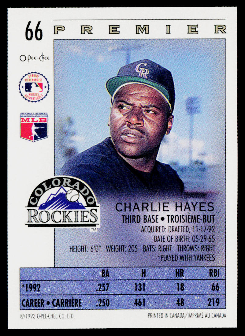 Charlie Hayes 1993 O-Pee-Chee Premier #66 Colorado Rockies