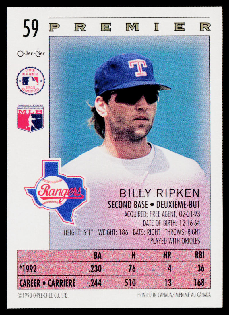 Billy Ripken 1993 O-Pee-Chee Premier #59 Texas Rangers