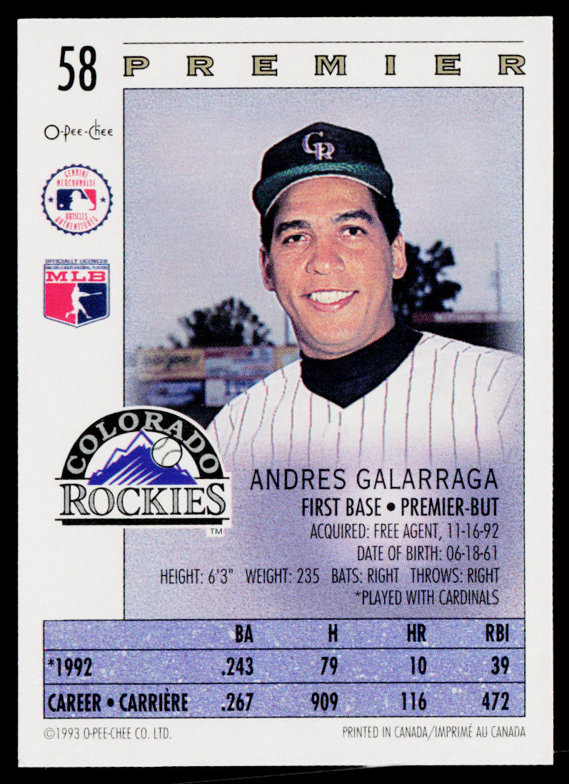 Andres Galarraga 1993 O-Pee-Chee Premier #58 Colorado Rockies