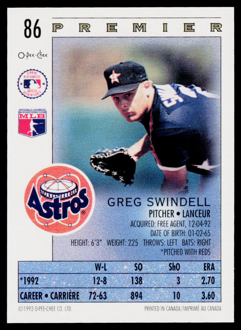 Greg Swindell 1993 O-Pee-Chee Premier #86 Houston Astros