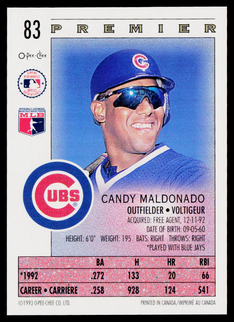 Candy Maldonado 1993 O-Pee-Chee Premier #83 Chicago Cubs