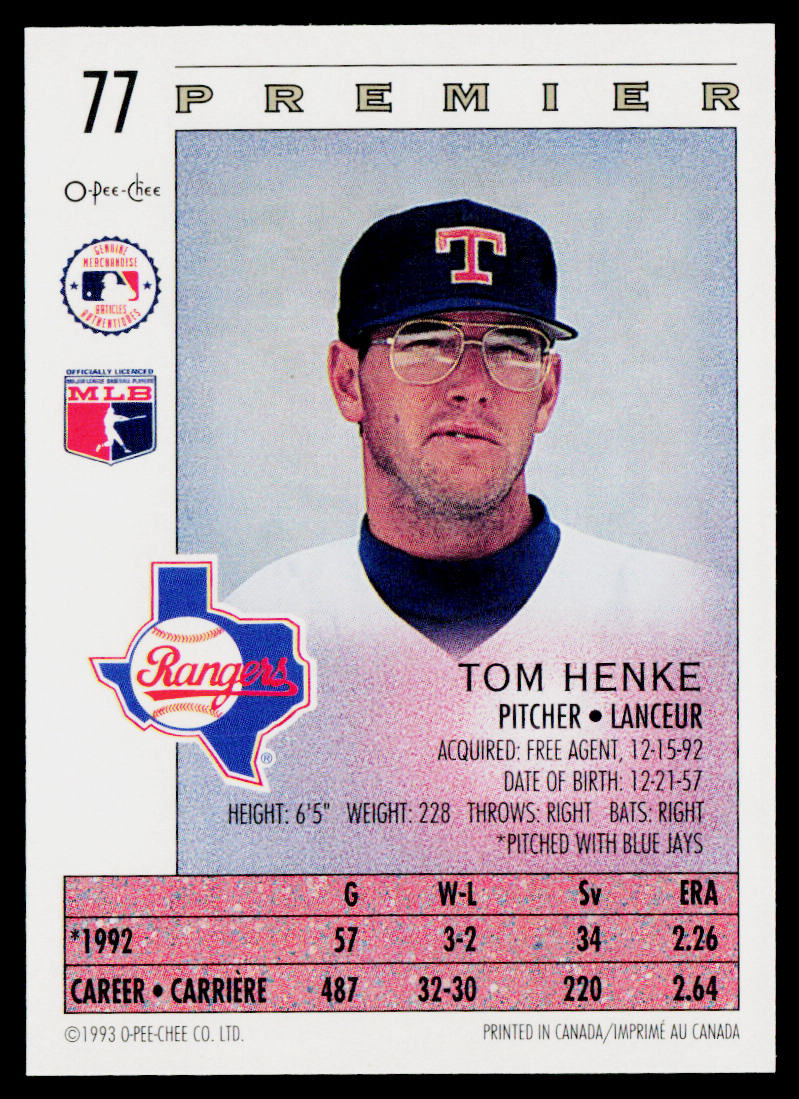 Tom Henke 1993 O-Pee-Chee Premier #77 Texas Rangers
