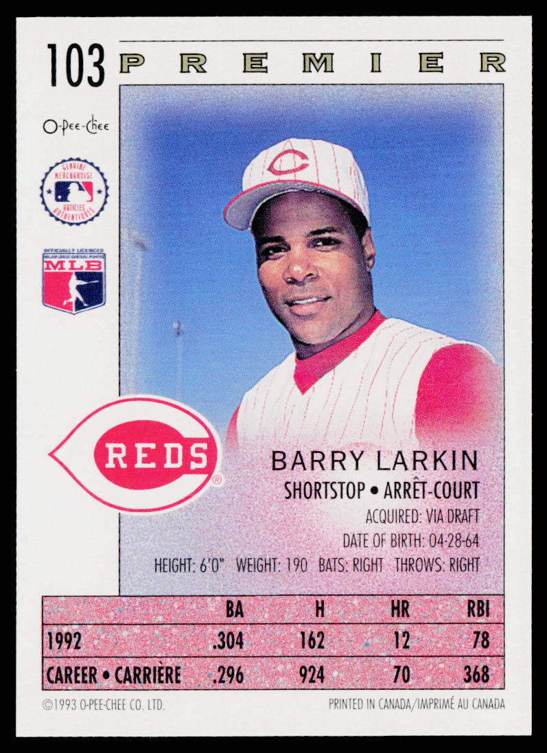 Barry Larkin 1993 O-Pee-Chee Premier #103 Cincinnati Reds