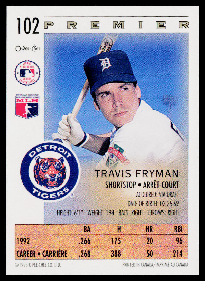 Travis Fryman 1993 O-Pee-Chee Premier #102 Detroit Tigers