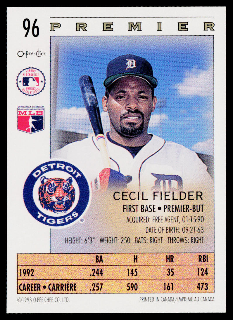 Cecil Fielder 1993 O-Pee-Chee Premier #96 Detroit Tigers