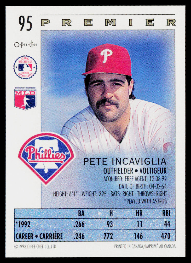 Pete Incaviglia 1993 O-Pee-Chee Premier #95 Philadelphia Phillies