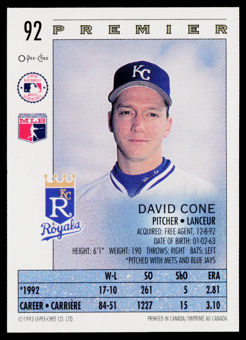David Cone 1993 O-Pee-Chee Premier #92 Kansas City Royals