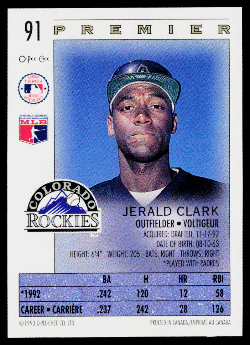 Jerald Clark 1993 O-Pee-Chee Premier #91 Colorado Rockies