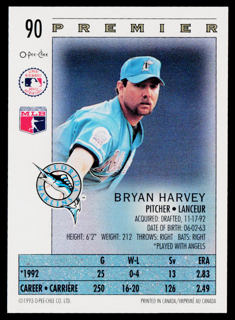 Bryan Harvey 1993 O-Pee-Chee Premier #90 Florida Marlins